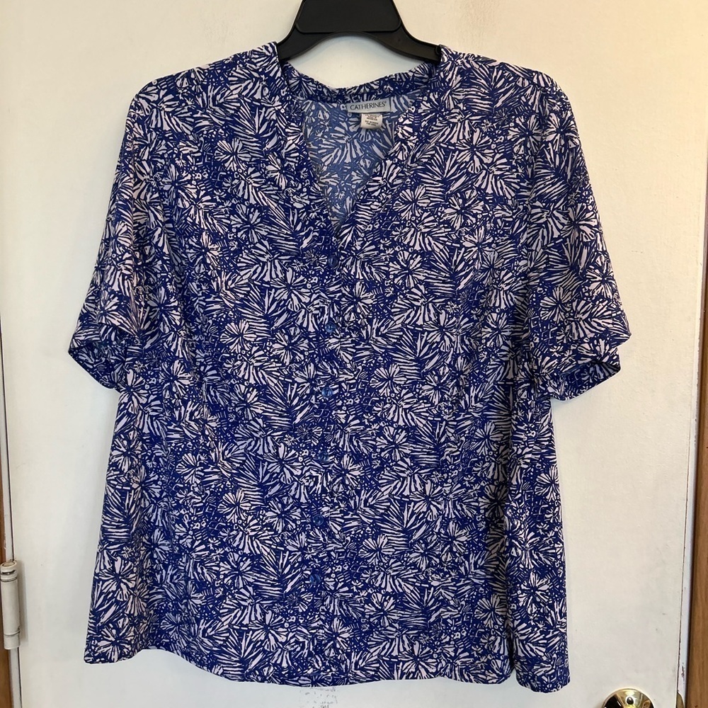 Catherines Timeless Button Up Blouse 1x Blue And … - image 1